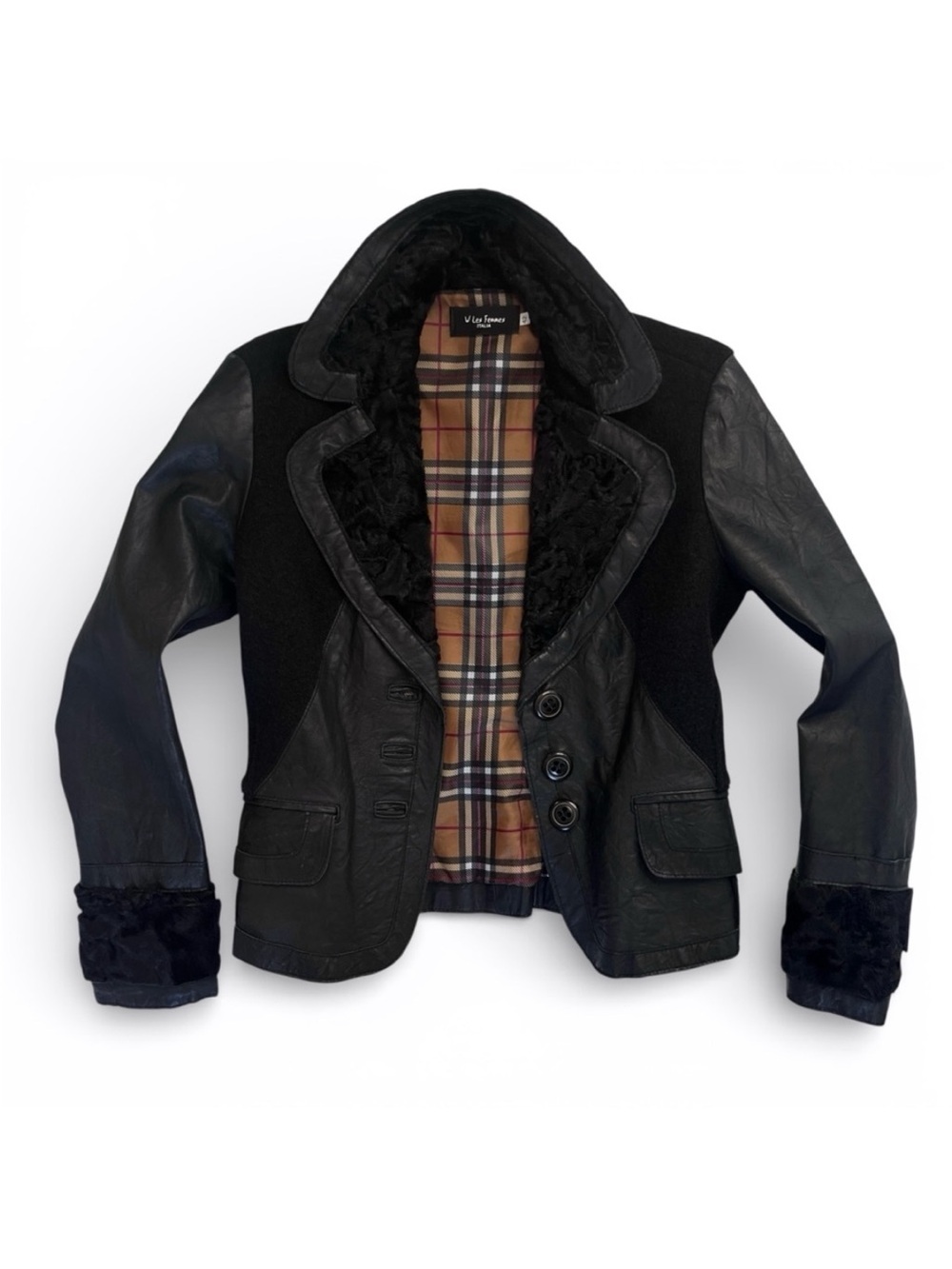 Vintage W Les Femmes Black Y2K Leather Shearling Wool Blazer Jacket Sport Coat 6
